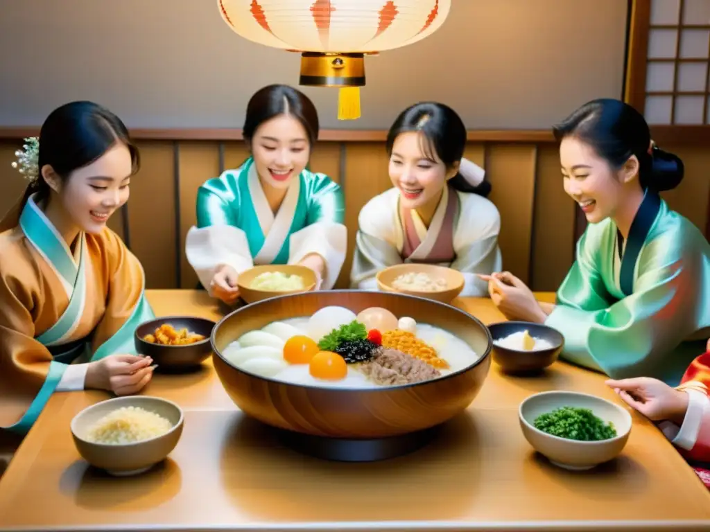 Un grupo en hanboks comparte makgeolli y risas en una cena tradicional coreana