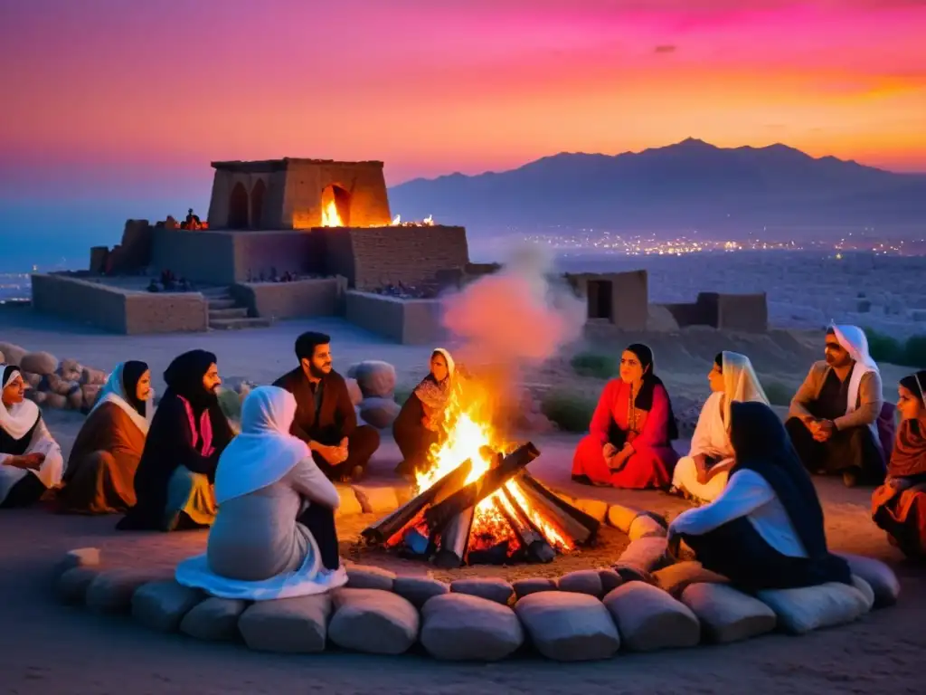 Grupo en ritual Sadeh, vestidos tradicional Persa, rodeados de fuego y ruinas, en atmósfera mística y ancestral