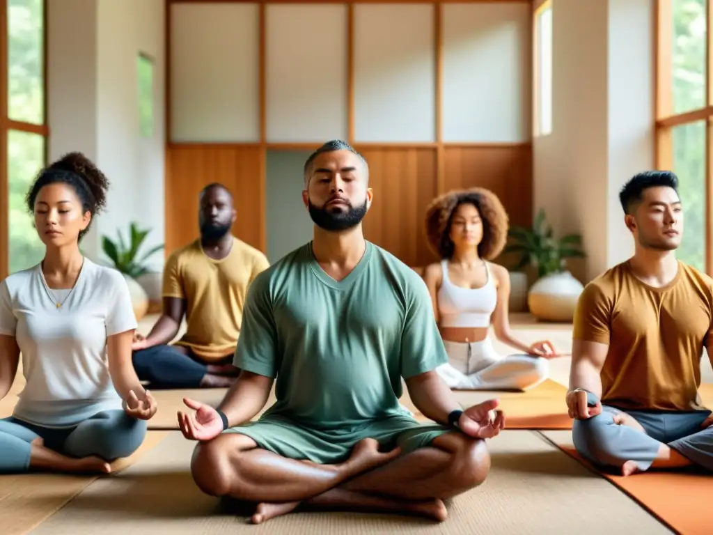 Grupo meditando rodeado de tecnología, en armonía