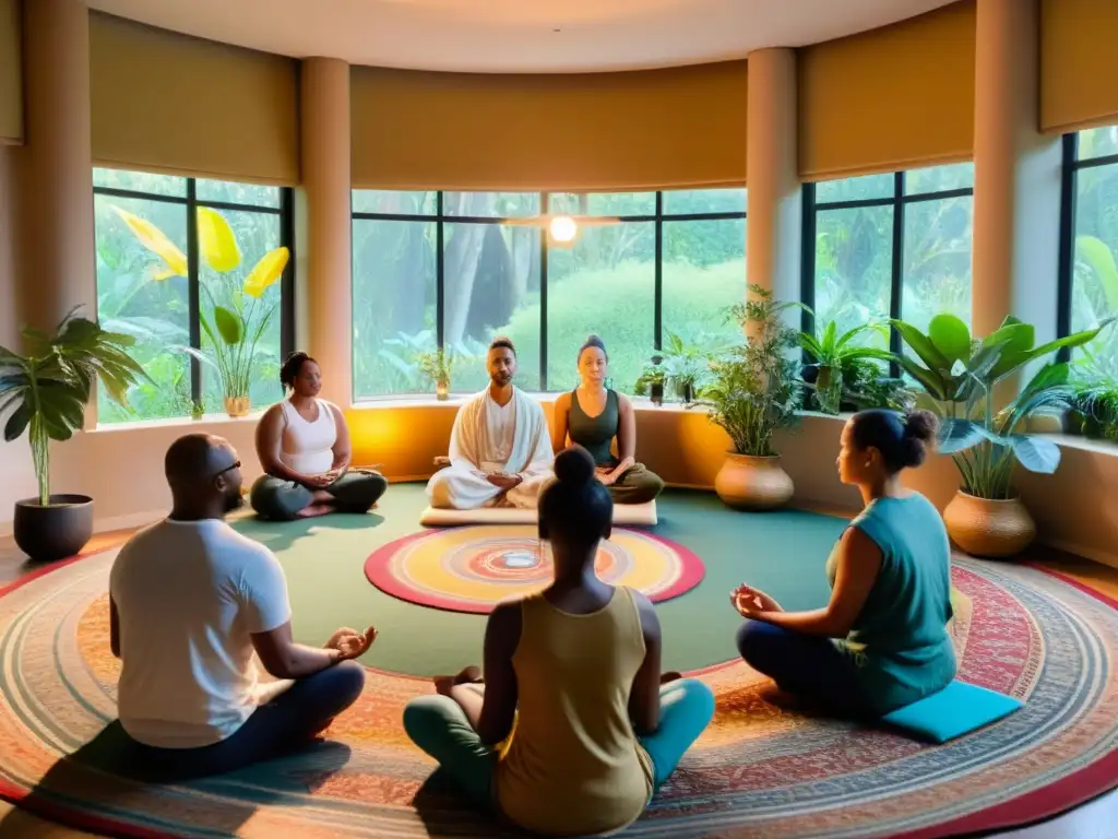 Grupo en meditación, rostros serenos, ambiente tranquilo