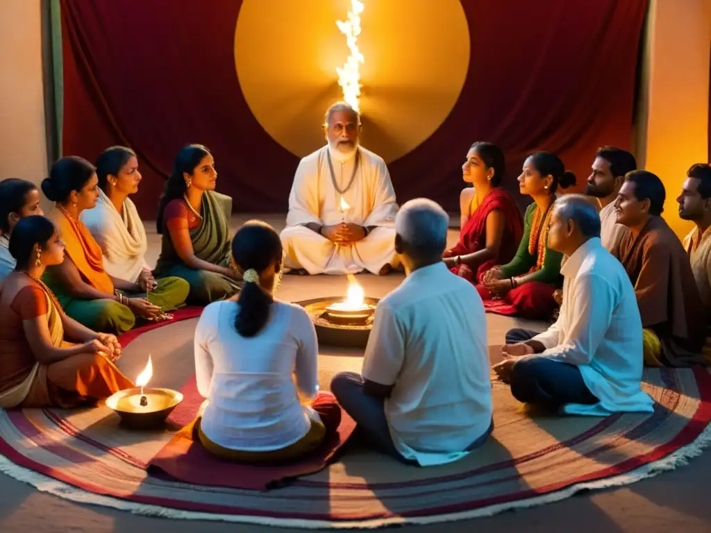 Un grupo escucha atentamente al sabio gurú en un ashram iluminado por velas