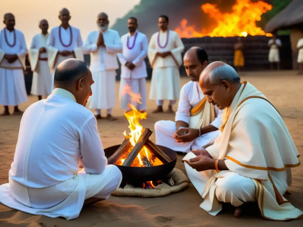 Grupo de sacerdotes Brahmanes realizan ritual sagrado alrededor de fuego, en una tradición llena de significado cultural y potencial de cambio