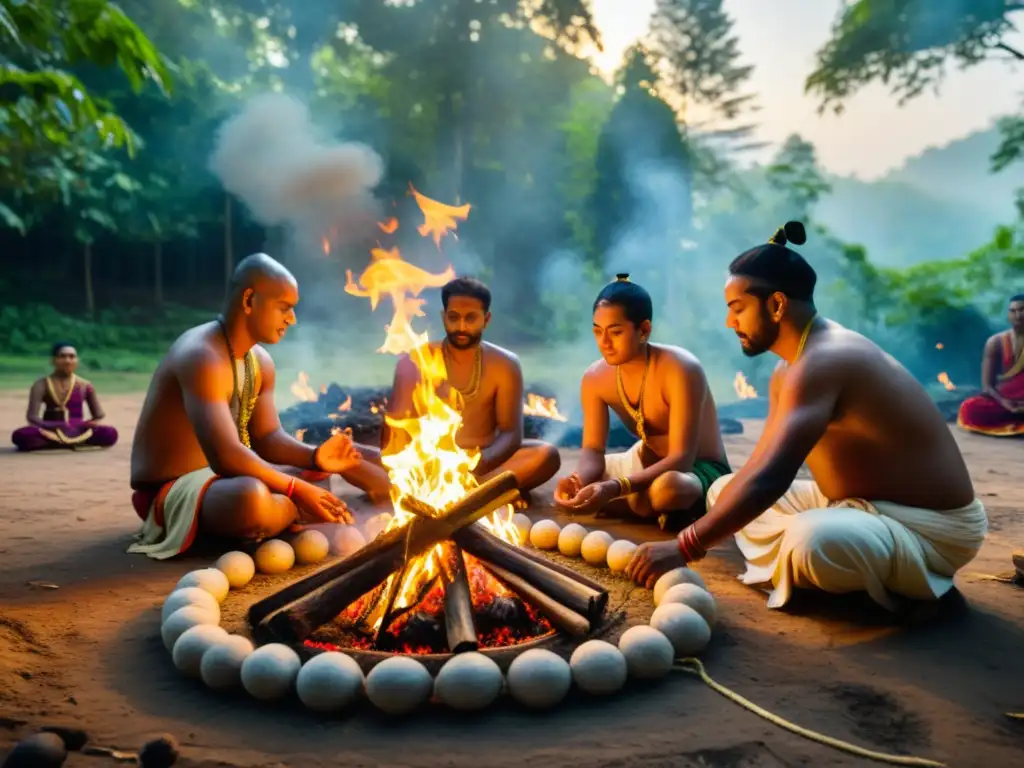 Grupo de sacerdotes hindúes realizando un ritual de fuego sagrado en el bosque, evocando la tradición y el Dharma en el hinduismo