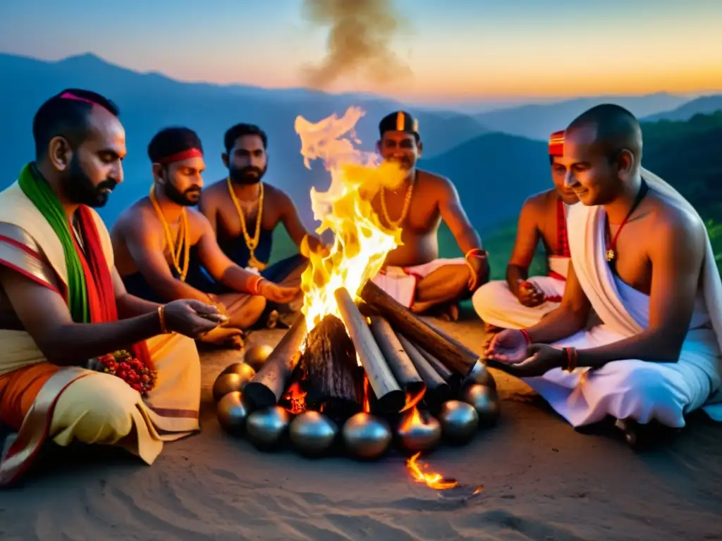 Grupo de sacerdotes hindúes realizando un yajna alrededor del fuego sagrado, honrando el concepto de Atman en el hinduismo