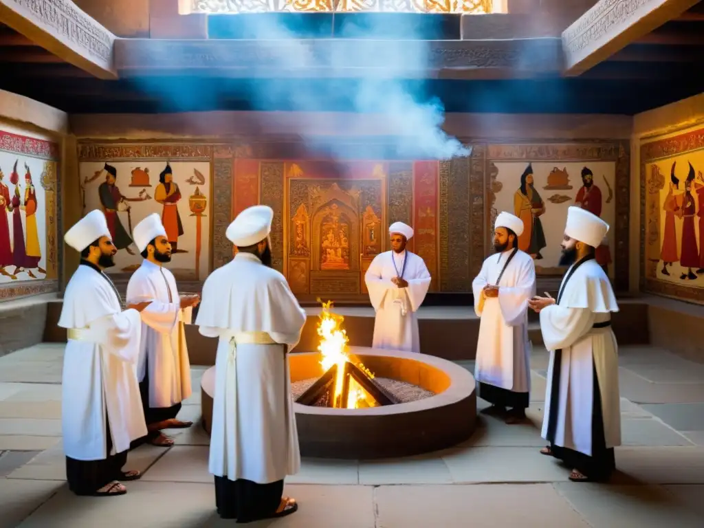 Grupo de sacerdotes del Zoroastrismo en una ceremonia en el templo del fuego en Persia antigua