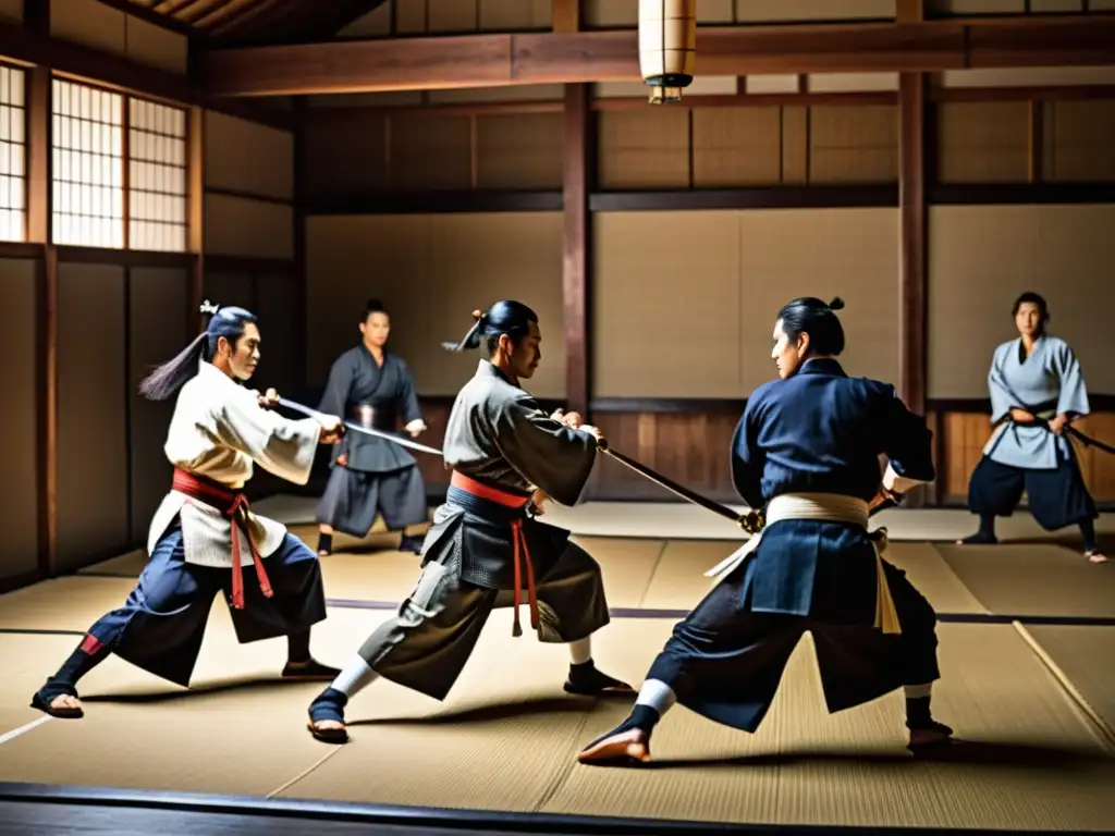 Grupo de samuráis practicando Aikijujutsu en un dojo japonés, rodeados de armas y pergaminos antiguos