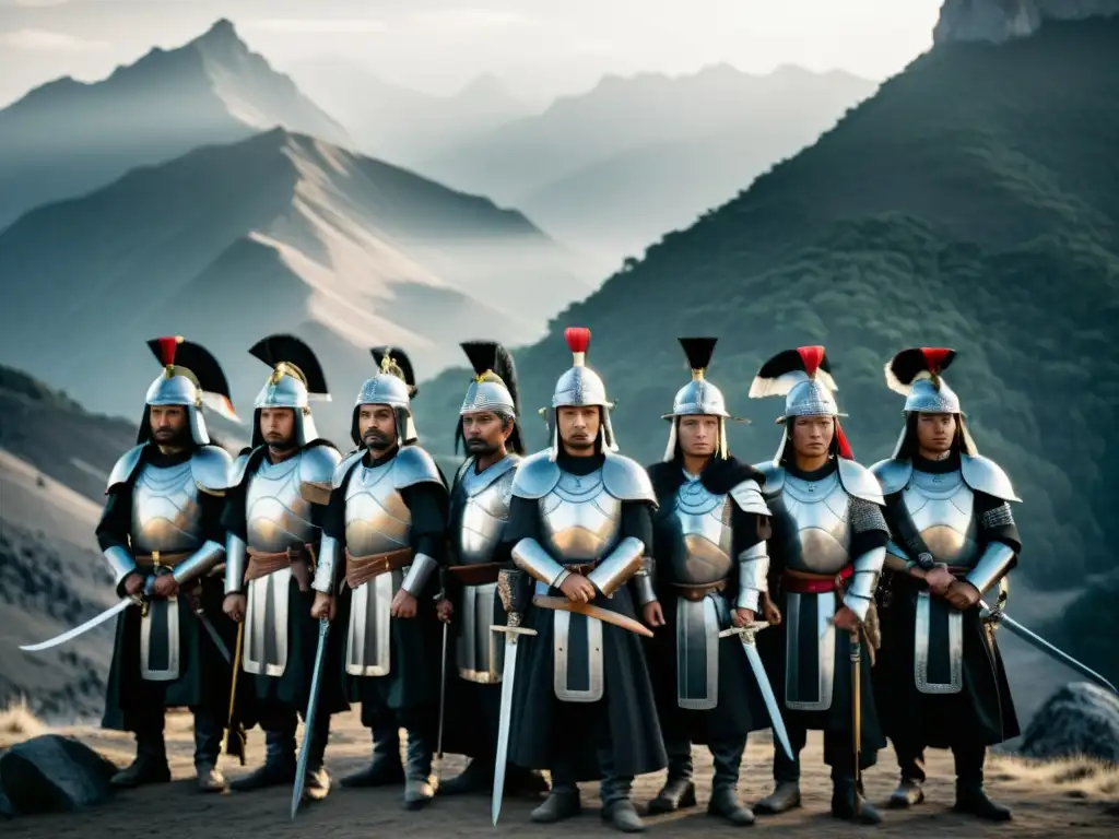 Grupo de samuráis en armadura tradicional, con espadas a los lados, frente a una montaña cubierta de niebla