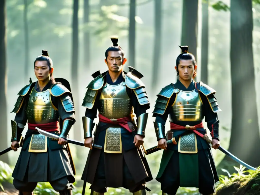 Un grupo de samuráis en armadura tradicional y katanas, en un bosque brumoso con la luz del sol filtrándose entre los árboles
