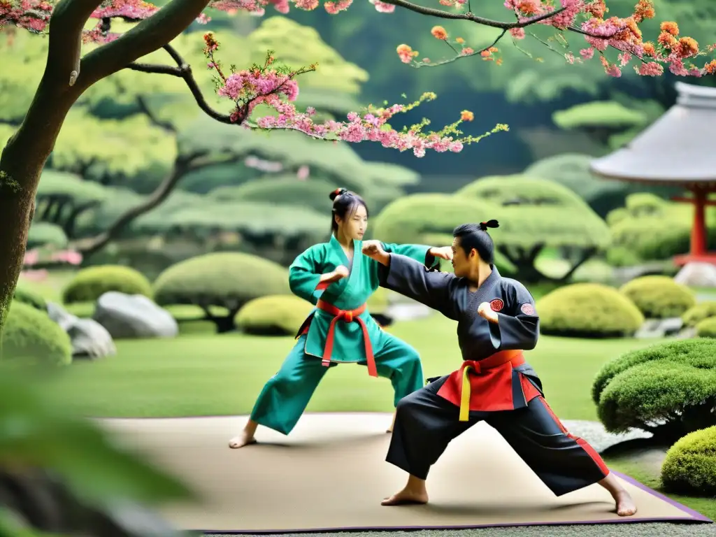 Un grupo de samuráis practicando artes marciales en un jardín japonés tradicional