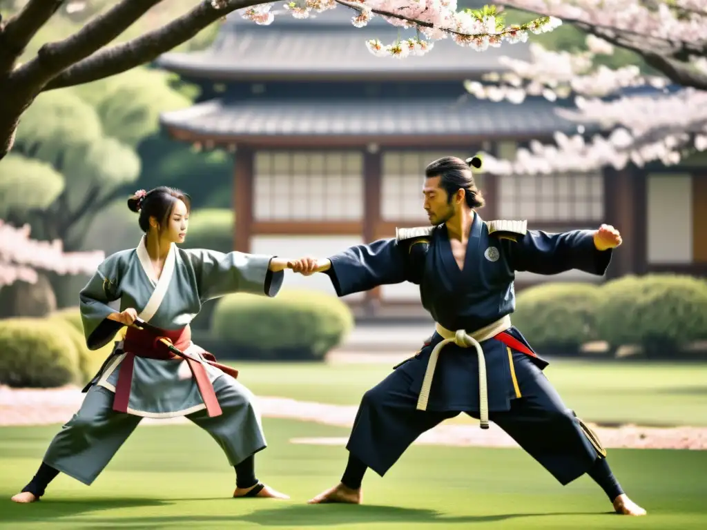 Un grupo de samuráis practicando artes marciales en un jardín sereno, con árboles de cerezo en plena floración en el fondo