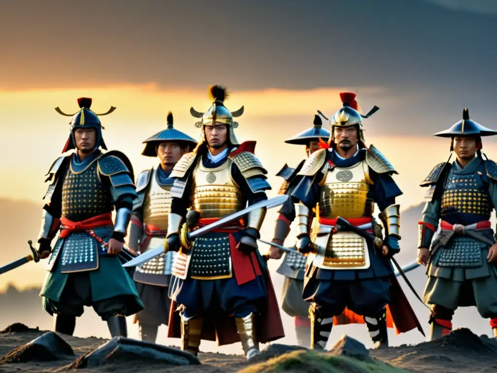 Samuráis en la niebla al amanecer: determinación y reflexión espiritual Un grupo de samuráis en campo de batalla al amanecer, mostrando espiritualidad y determinación en sus rostros y armaduras