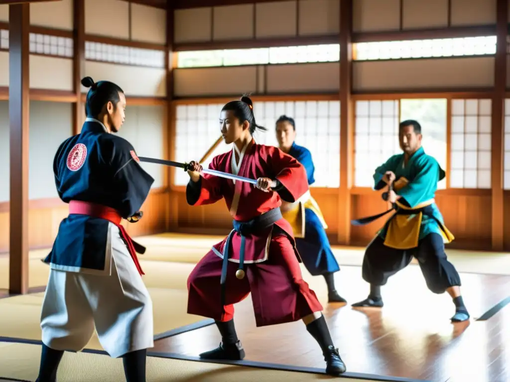 Grupo de samuráis practicando su destreza en un dojo japonés, con movimientos precisos y el sensei observando