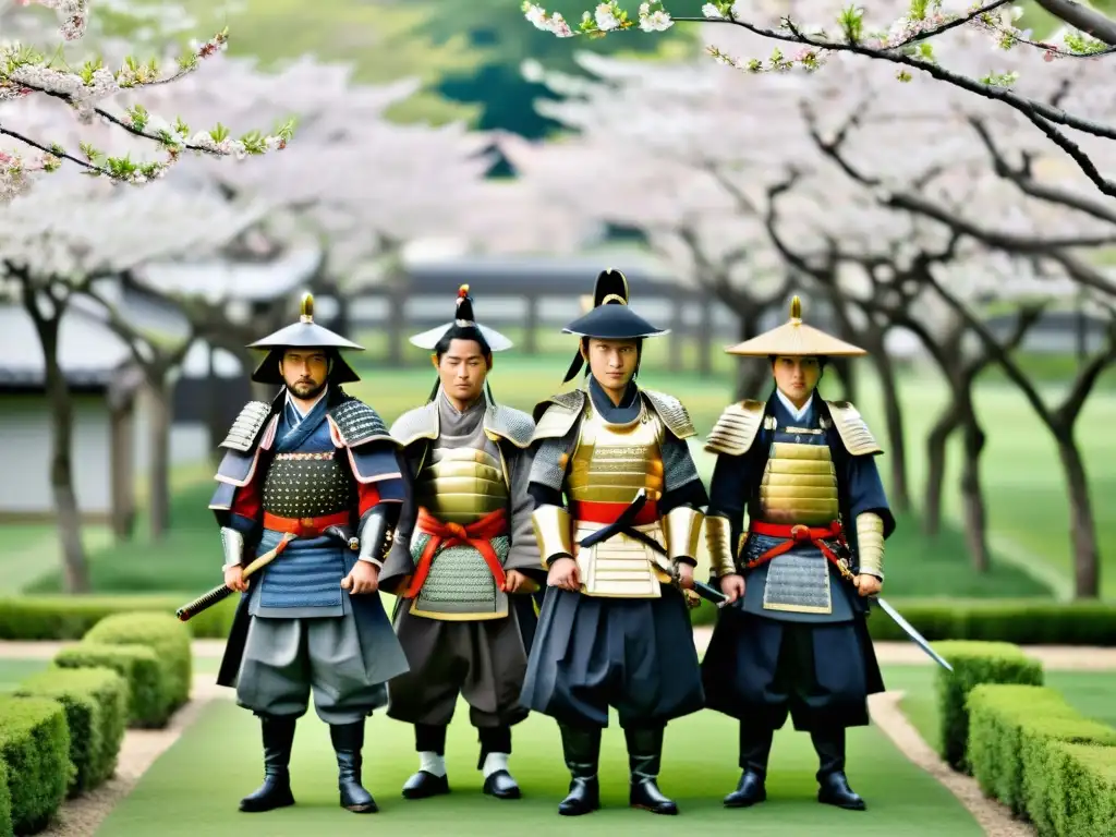 Un grupo de samuráis en formación en un exuberante jardín de cerezos en flor, mostrando la jerarquía del poder en Japón feudal