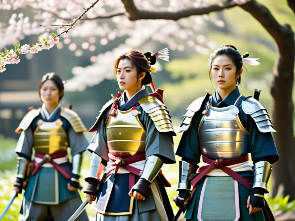 Un grupo de samuráis femeninas en armadura tradicional, listas para la batalla bajo cerezos en flor