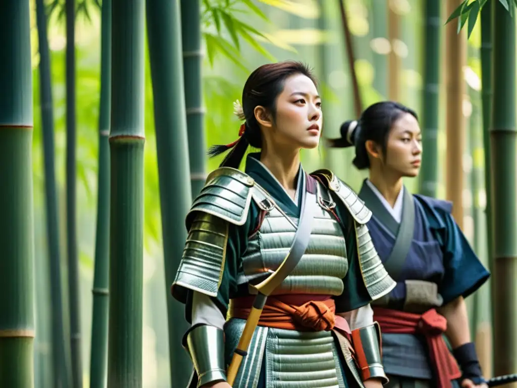 Un grupo de samuráis femeninas muestra su fuerza en un bosque de bambú, destacando el rol femenino en el bushido samurai