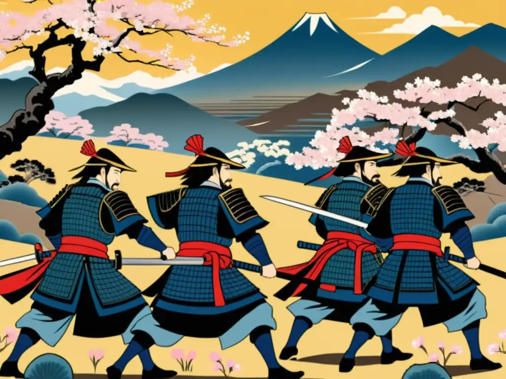 Grupo de samuráis en intensa batalla, con detalles vívidos y paisaje evocador de Japón antiguo