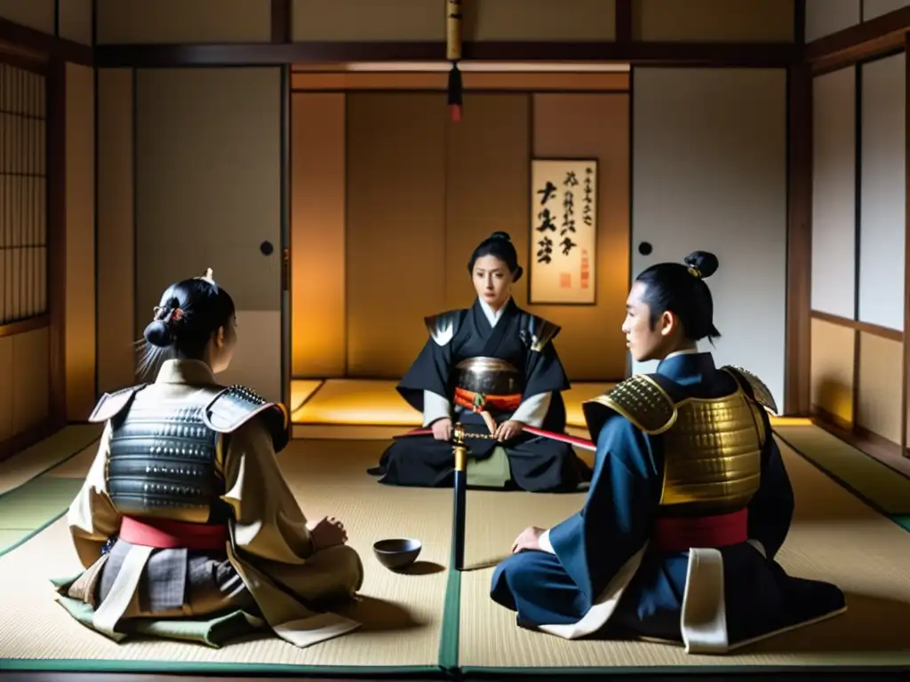 Grupo de samuráis en sala de tatami, discutiendo estrategias de supervivencia samuráis períodos paz con mapa desplegado