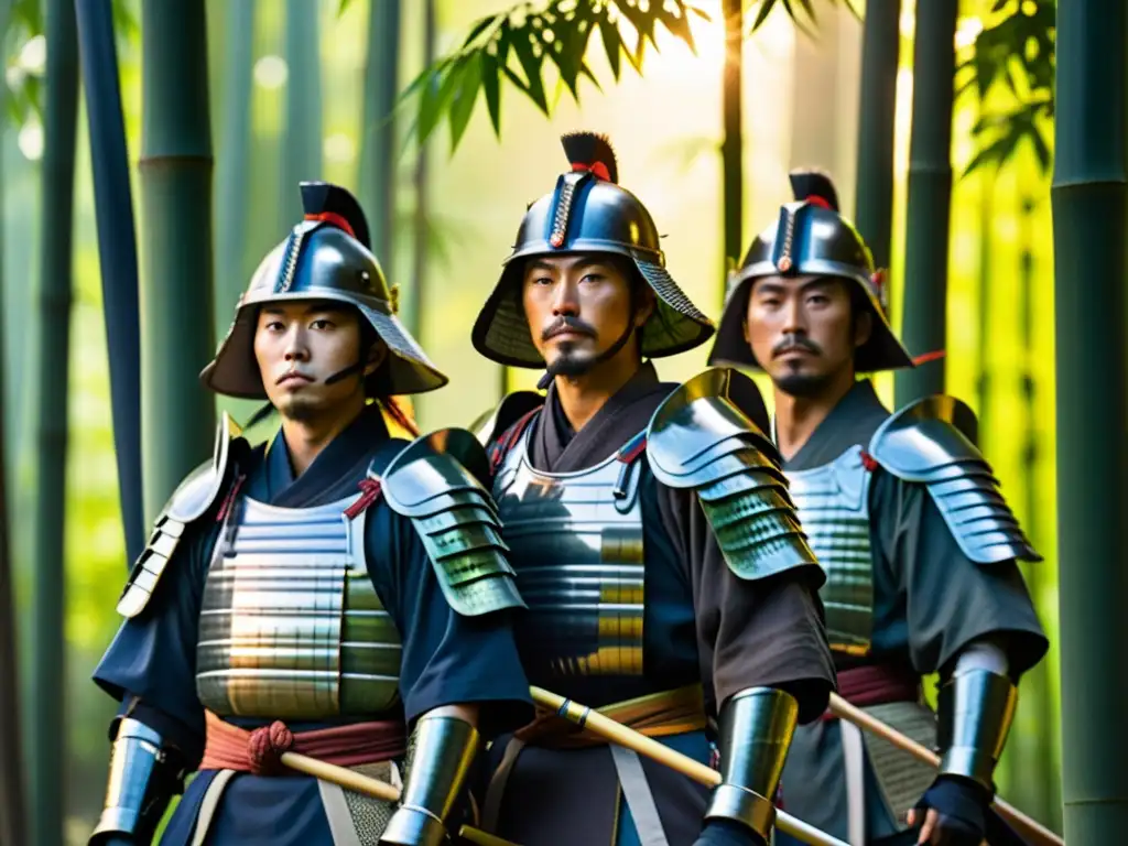 Un grupo de samuráis tradicionales en un bosque de bambú, con armaduras detalladas y katanas