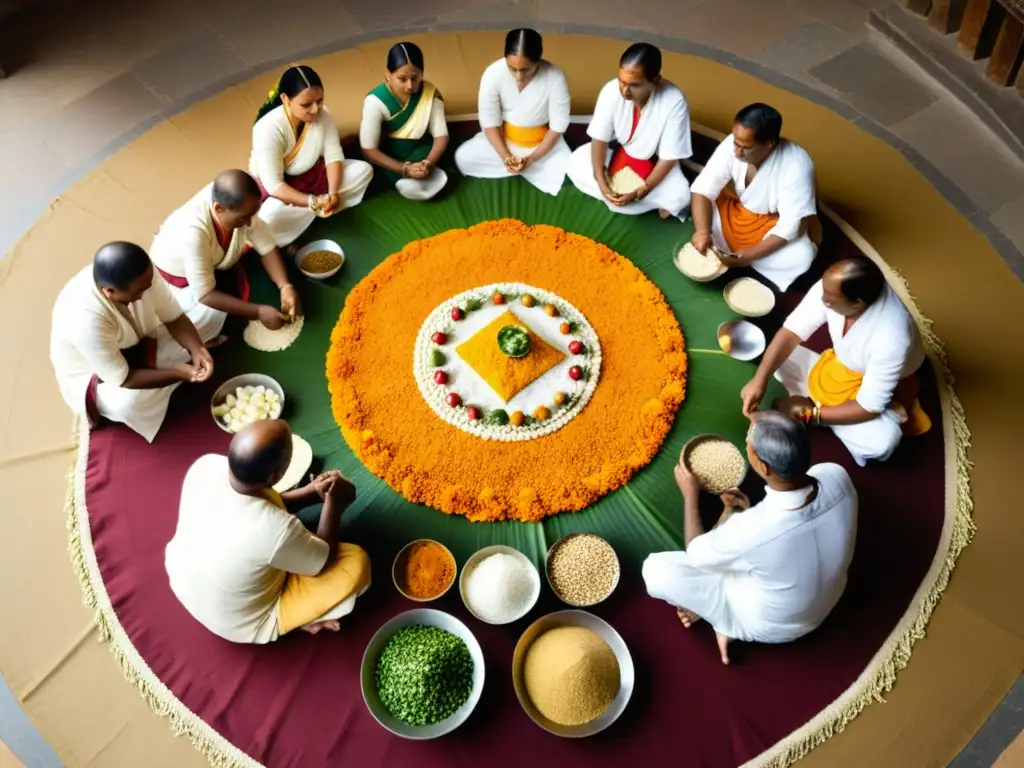 Un grupo de seguidores del Jainismo preparando una comida ceremonial con ingredientes vibrantes, vistiendo atuendos tradicionales