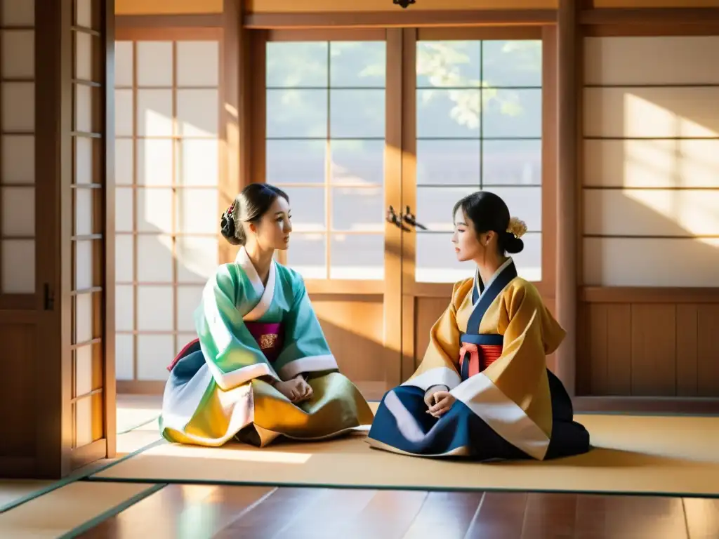 Grupo de Seonbi en una casa hanok tradicional, inmersos en una discusión