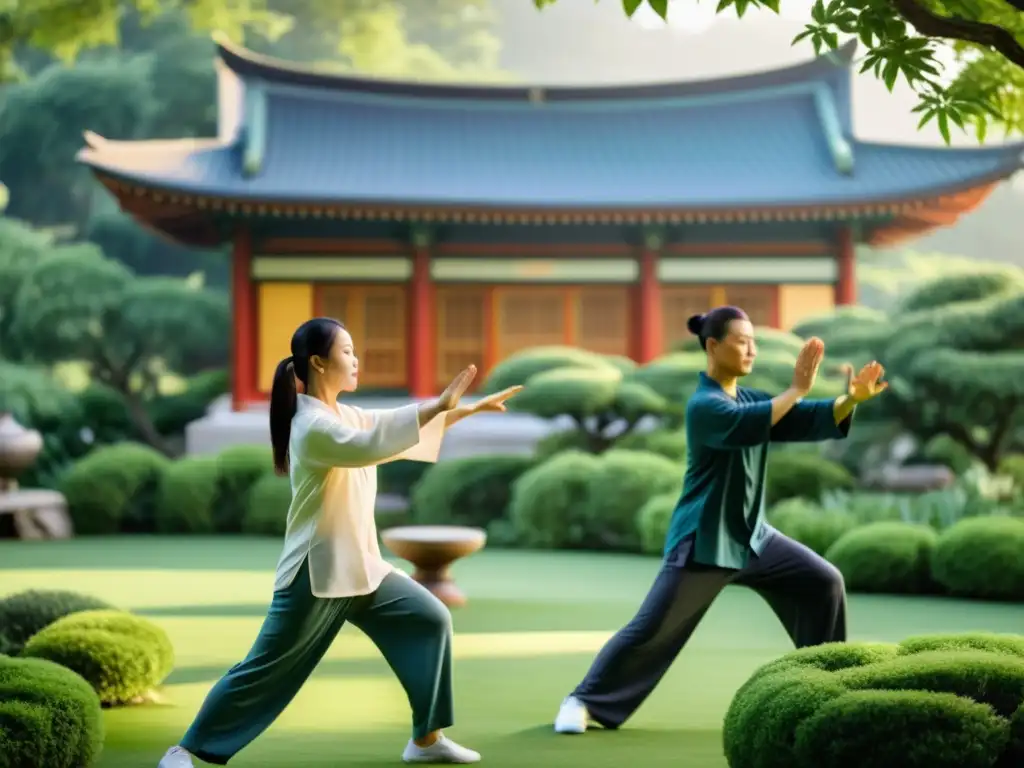 Grupo practicando Tai Chi en un jardín sereno, con luz matutina