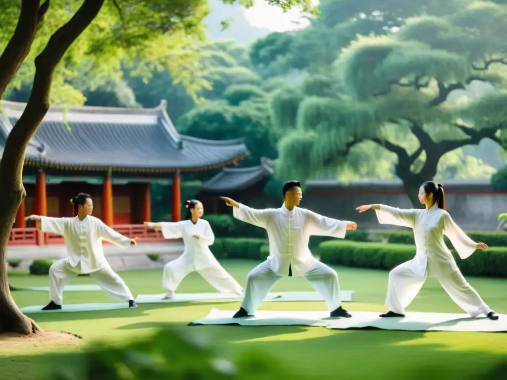 Un grupo practica Tai Chi en un jardín sereno, con vestimenta blanca y arquitectura china