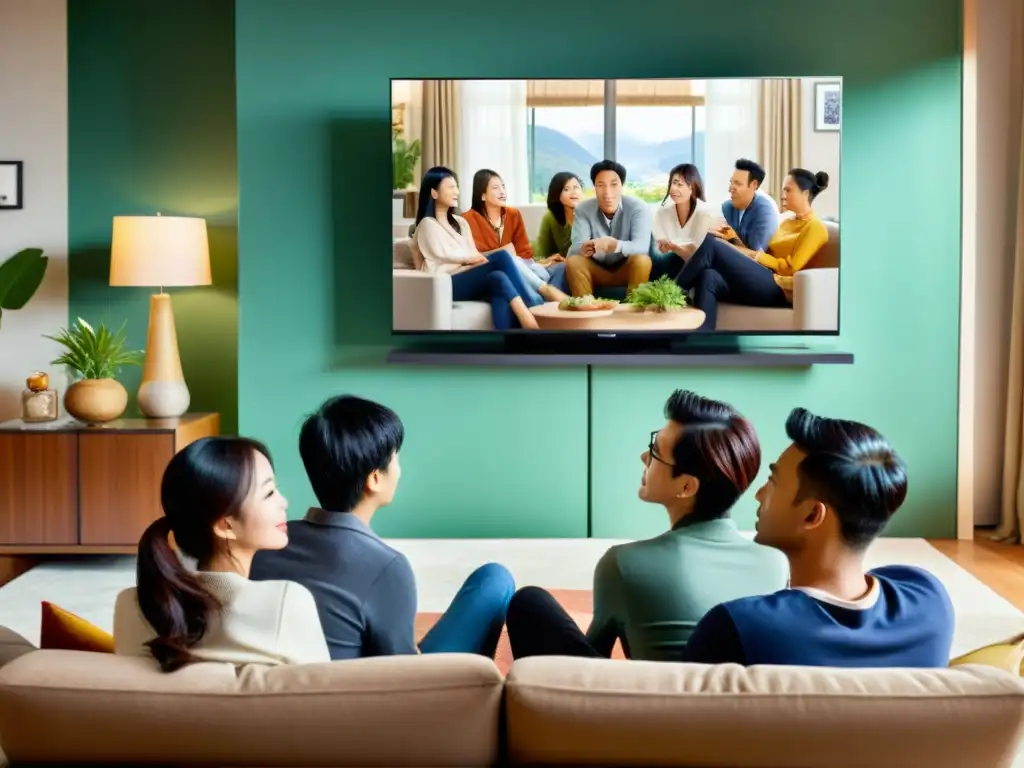 Un grupo disfruta de las series asiáticas más populares en redes, conectados y emocionados en una sala acogedora con decoración asiática moderna