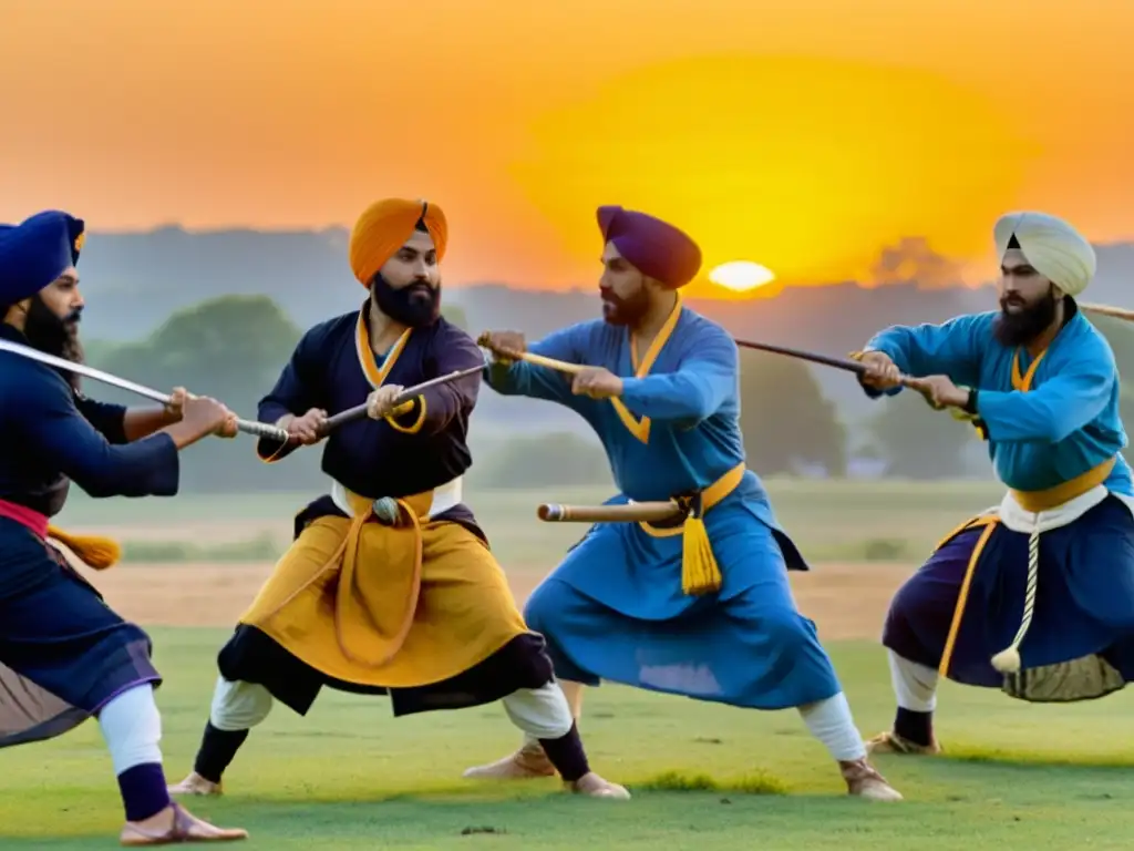 Grupo de sikhs practicando Gatka, su antigua arte marcial, al amanecer en un campo, expresando historia y espiritualidad