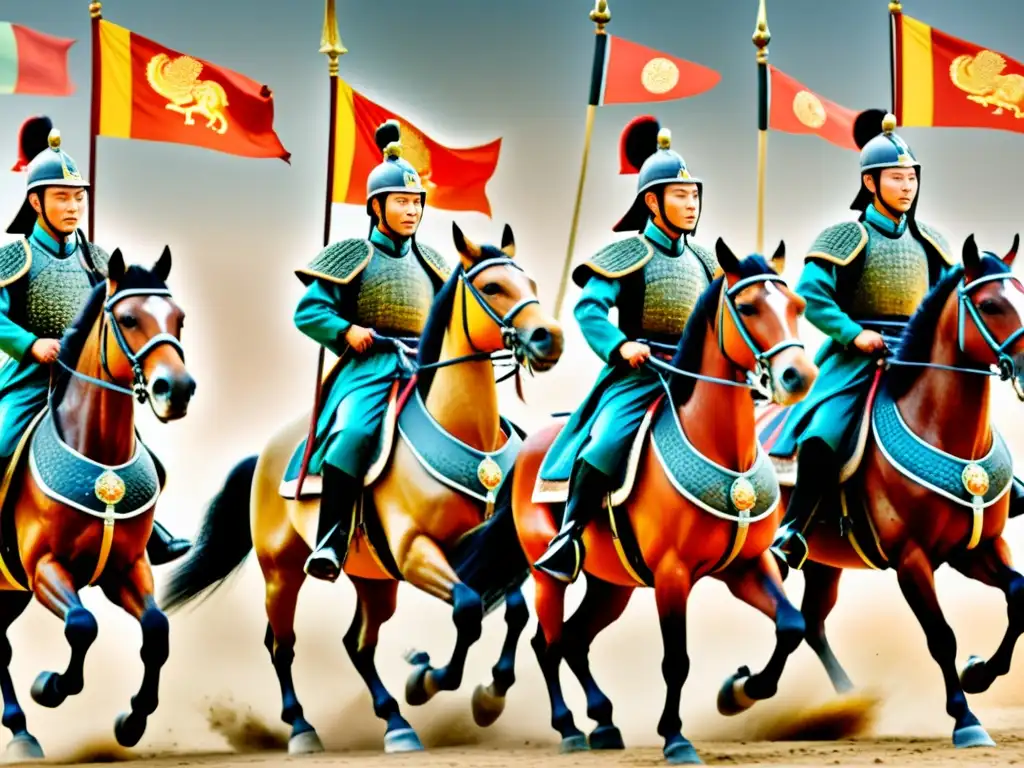 Grupo de soldados de la dinastía Tang en formación de batalla con sus caballos y banderas, capturando la épica de las estrategias militares dinastías chinas