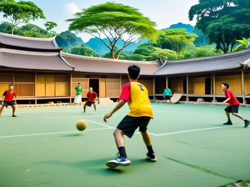 Grupo jugando sepak takraw en una aldea tradicional asiática rodeada de naturaleza