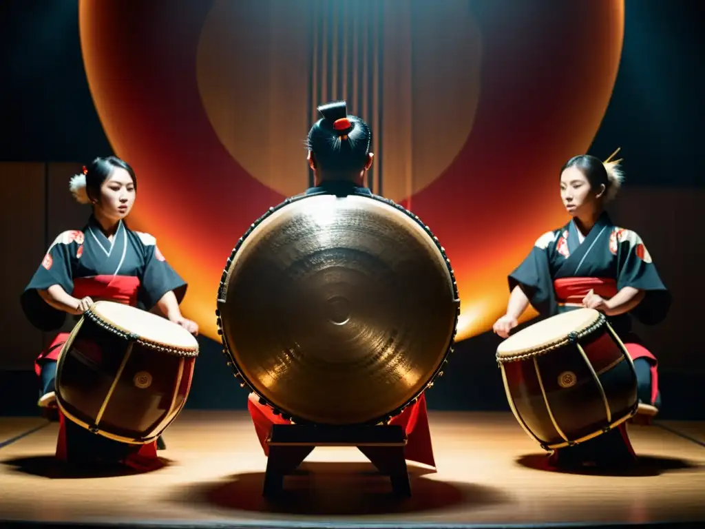 Un grupo de tambores taiko japoneses en una presentación envolvente, con expresiones intensas y detalles vibrantes en un entorno atmosférico