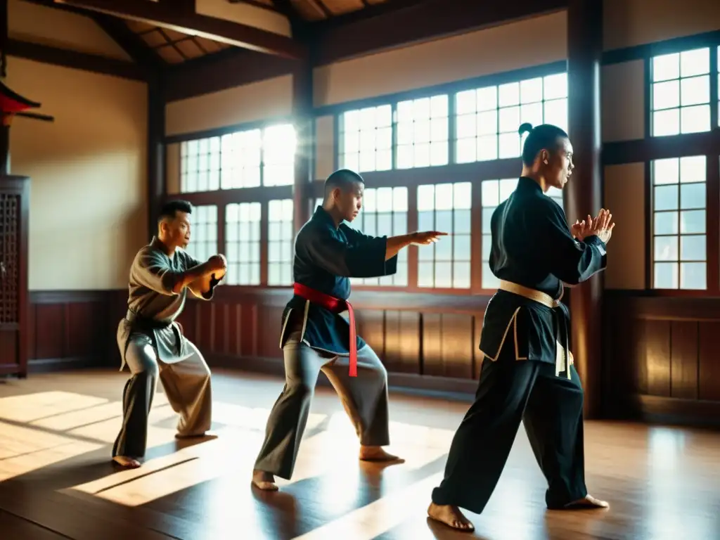 Grupo practicando técnicas ancestrales de Wing Chun en un salón tradicional, con luz solar y sombras dramáticas