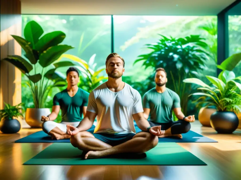 Grupo de traders exitosos meditando en una habitación serena, rodeados de naturaleza exuberante, antes de operar en ki trading criptomonedas energía