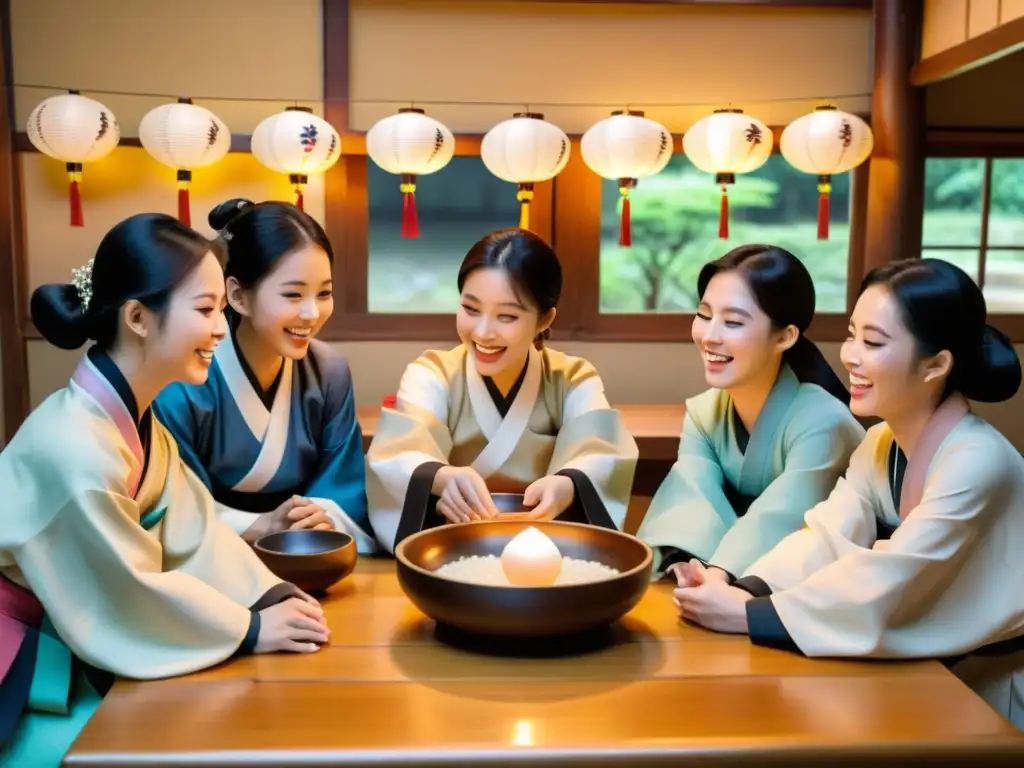 Grupo en hanbok disfruta de makgeolli, bebida tradicional coreana, en una mesa de madera iluminada por farolillos