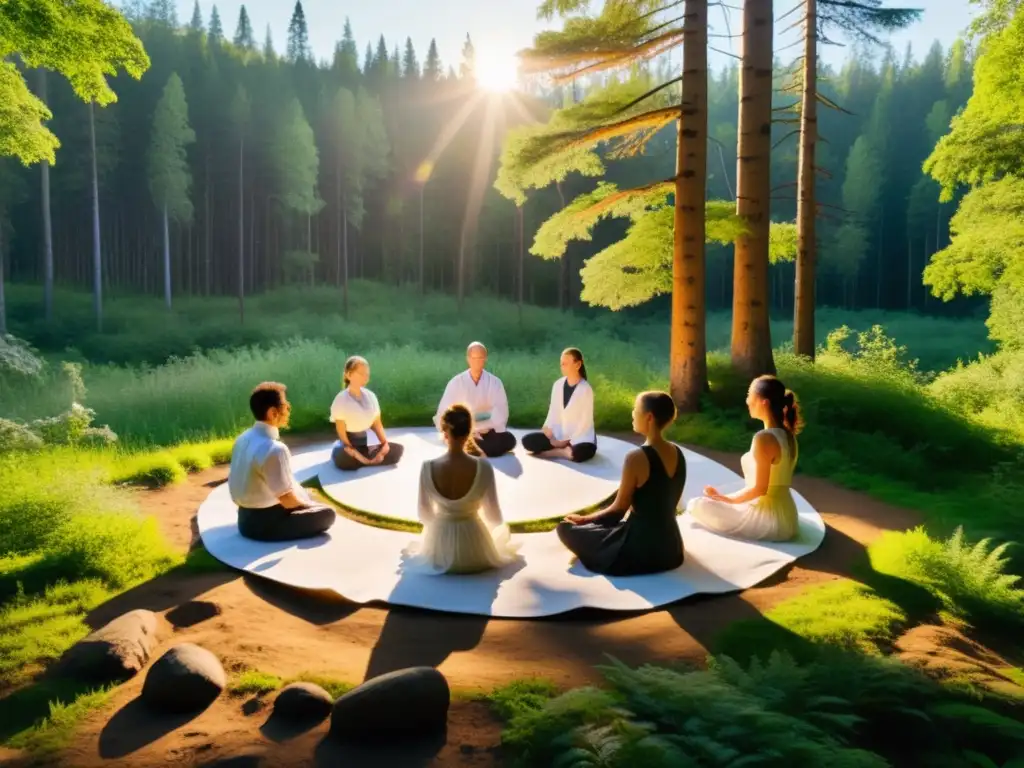 Un grupo en trajes rusos practica meditación en el bosque, armonizando con la naturaleza