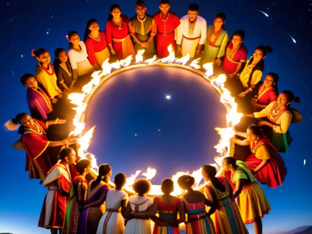 Grupo en trajes tradicionales rodeados de antorchas y ofrendas, participando en celebraciones espirituales ancestrales Asia bajo el cielo estrellado