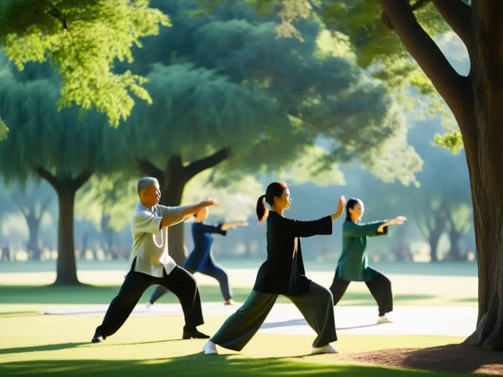 Grupo tranquilo practicando Tai Chi al amanecer en el parque, evocando los beneficios del Qi Gong y Tai Chi en la armonía y el equilibrio