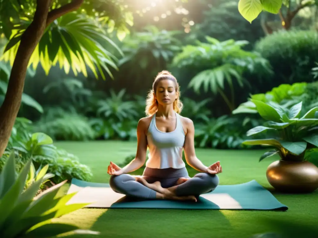 Grupo en jardín tranquilo meditando, conectando con el Sistema Filosófico del Yoga Clásico en la naturaleza serena