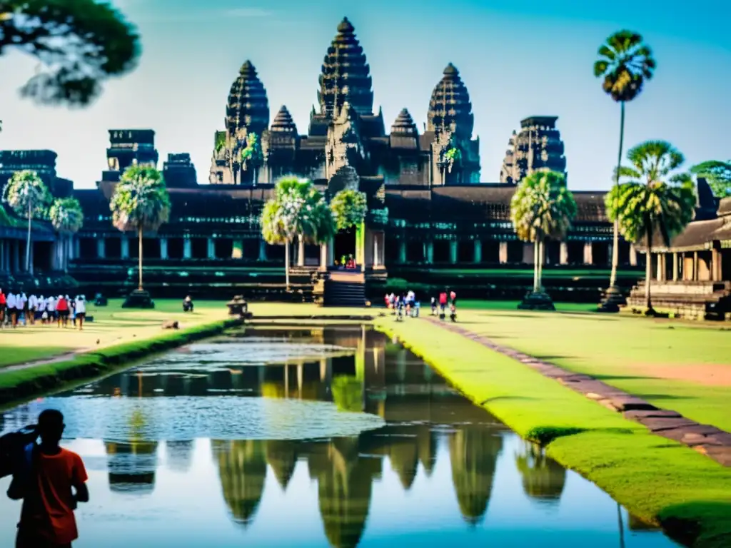 Un grupo de turistas escucha atentamente a un guía local mientras exploran el majestuoso complejo del templo de Angkor Wat al amanecer