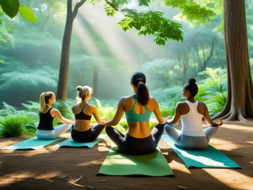 Grupo variado practica yoga para la ansiedad en bosque soleado, creando atmósfera serena y armoniosa de relajación y conexión con la naturaleza