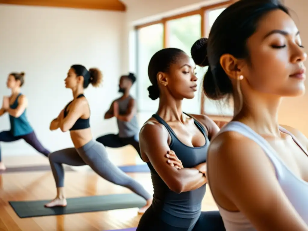 Grupo variado practica yoga en estudio contemporáneo, fusionando tradiciones ancestrales con adaptaciones contemporáneas