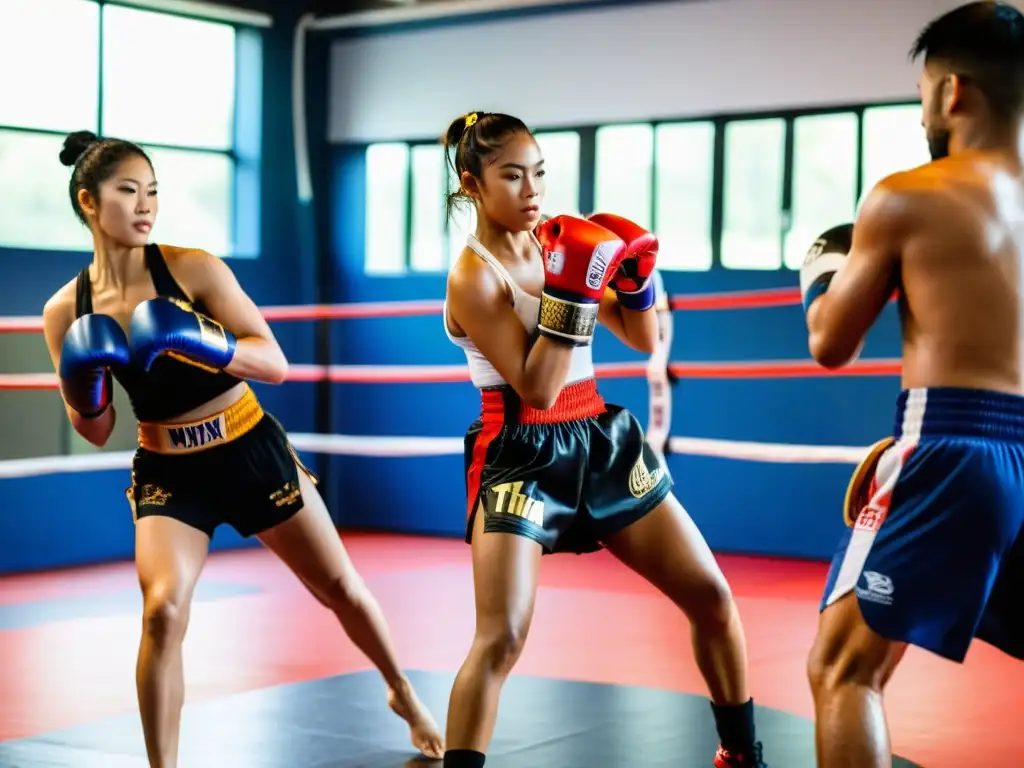 Grupo variado de personas realiza ejercicios de Muay Thai en un estudio bien iluminado