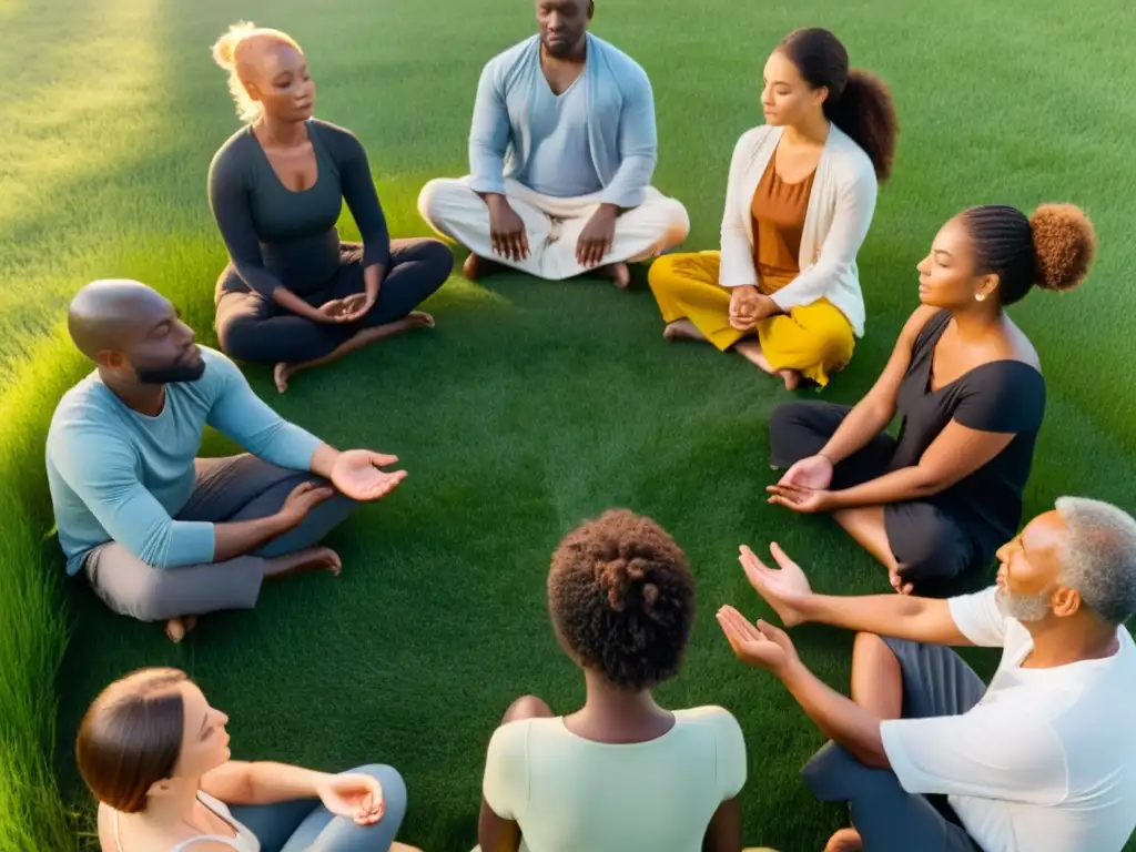 Grupo en meditación védica en prado verde, con calma y conexión a la naturaleza