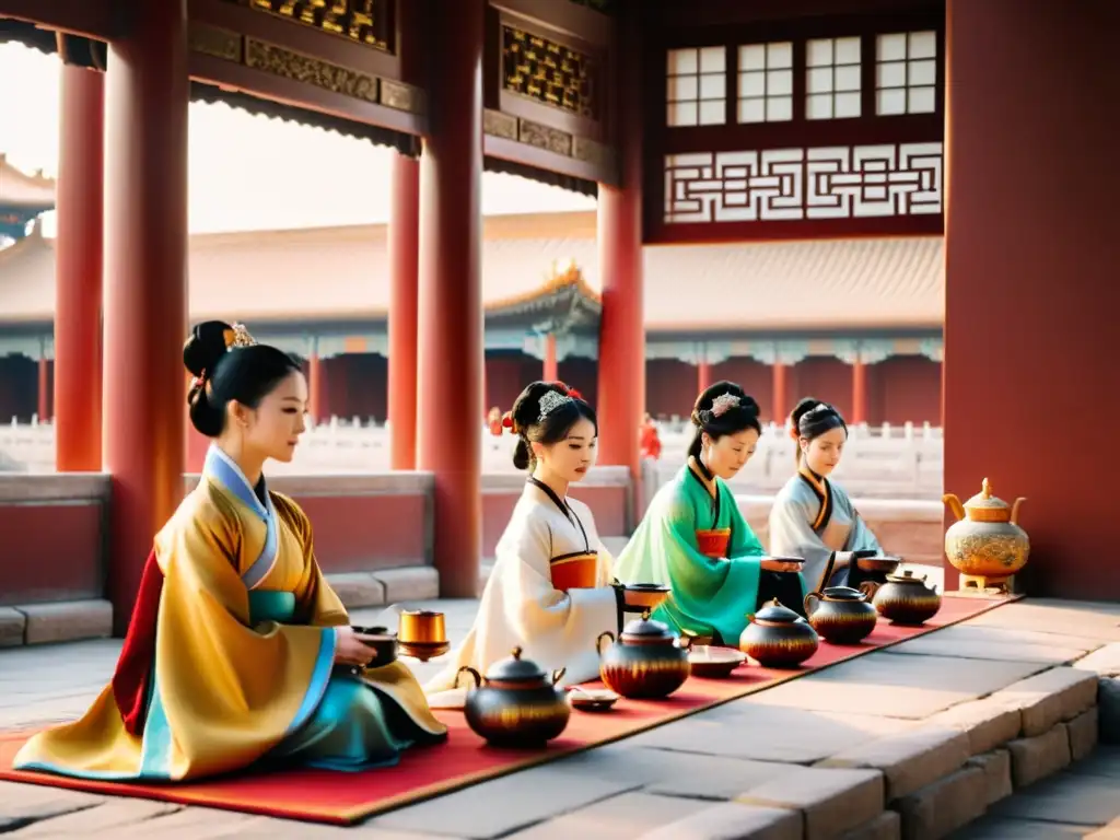 Un grupo vestido con Hanfu realiza una ceremonia de té en la Ciudad Prohibida de Beijing, revelando la riqueza cultural y tradición