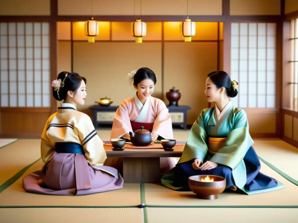 Un grupo vestido con hanboks participa en una hermosa ceremonia del té coreana