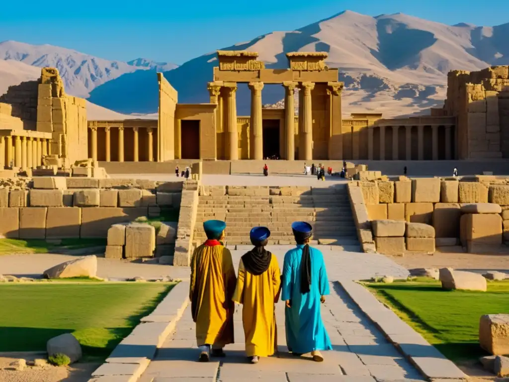 Grupo vestido con trajes tradicionales zoroastrianos en las ruinas antiguas de Persepolis al atardecer