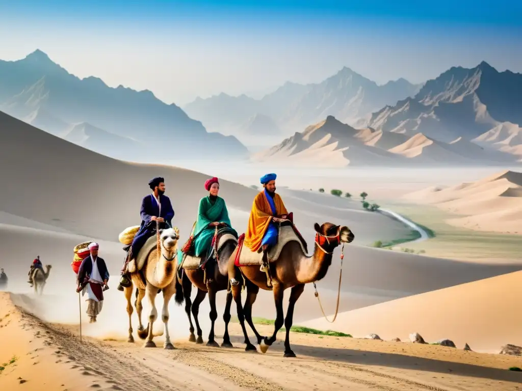 Un grupo de viajeros en camellos recorriendo la Ruta de Marco Polo en Asia Central, evocando aventura y exploración