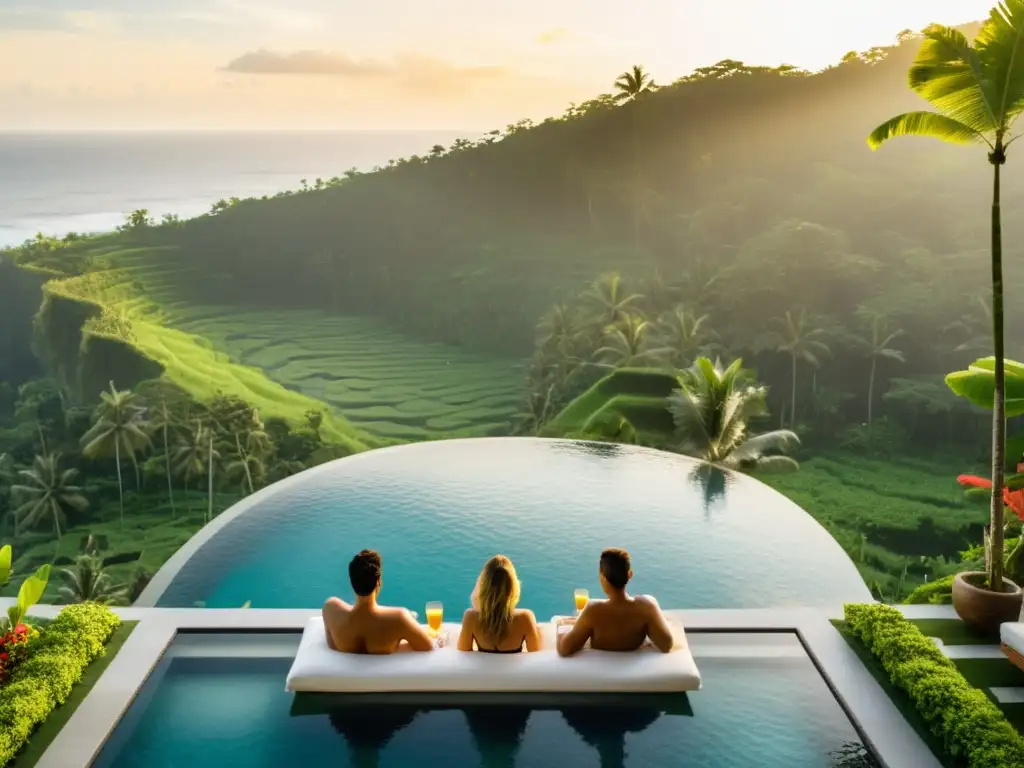 Grupo de viajeros disfrutando de la tarde en una lujosa piscina infinita en Bali, rodeados de exuberante vegetación tropical y vistas al océano Índico