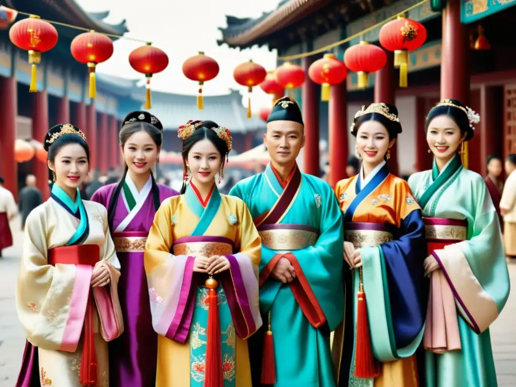 Grupo en vibrante mercado con tradicionales vestimentas indicadoras de clase en China, Hanfu