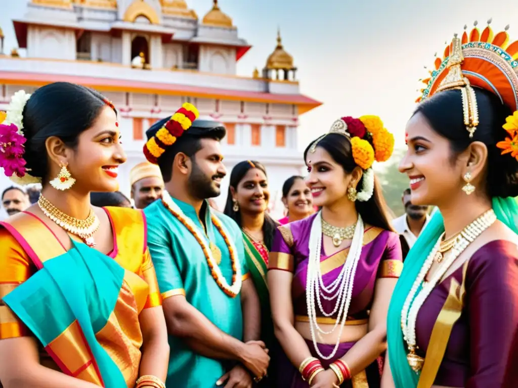 Grupo con vibrantes atuendos hindúes en festival del hinduismo tradicional